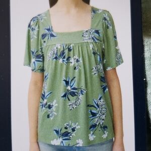 Lucky Brand Squear Neck Green And Blue Floral Short Sleeves Tunic Top Size M